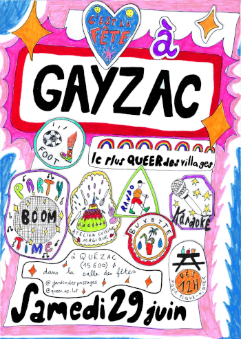 affiche dessinée rose c'est la fête à Gayzac le plus queer des villages
